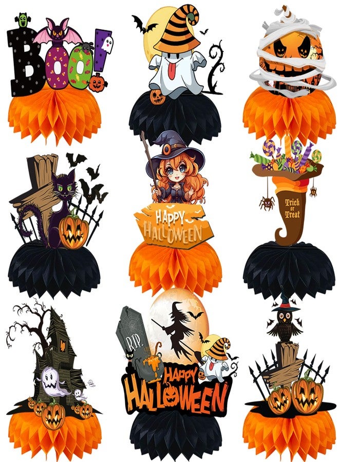Lucleag 9 Pieces Halloween Honeycomb Centerpiece Party Decoration, Pumpkin Witch Ghost Table Toppers Decoration, 3D Halloween Honeycomb Centerpiece Table Decor for Halloween Party Supplies Gifts - Image 1